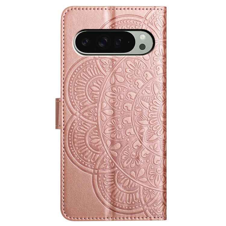 For Google Pixel 9 Pro XL Leather Case with Card Slots Mandala Pattern Phone Cover Stand - Rose Gold