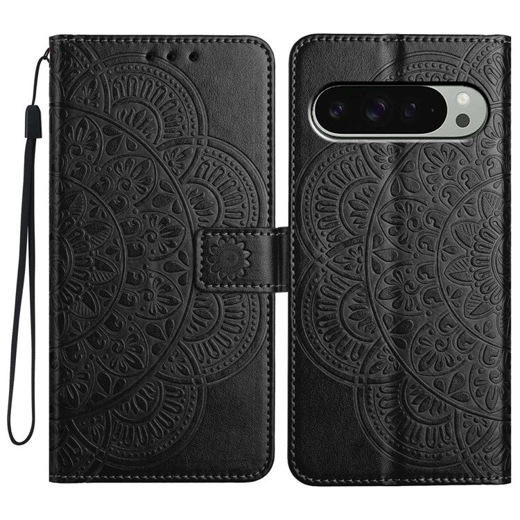 For Google Pixel 9 Pro XL Leather Case with Card Slots Mandala Pattern Phone Cover Stand - Black