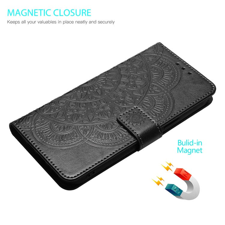 For Google Pixel 9 Pro XL Leather Case with Card Slots Mandala Pattern Phone Cover Stand - Black