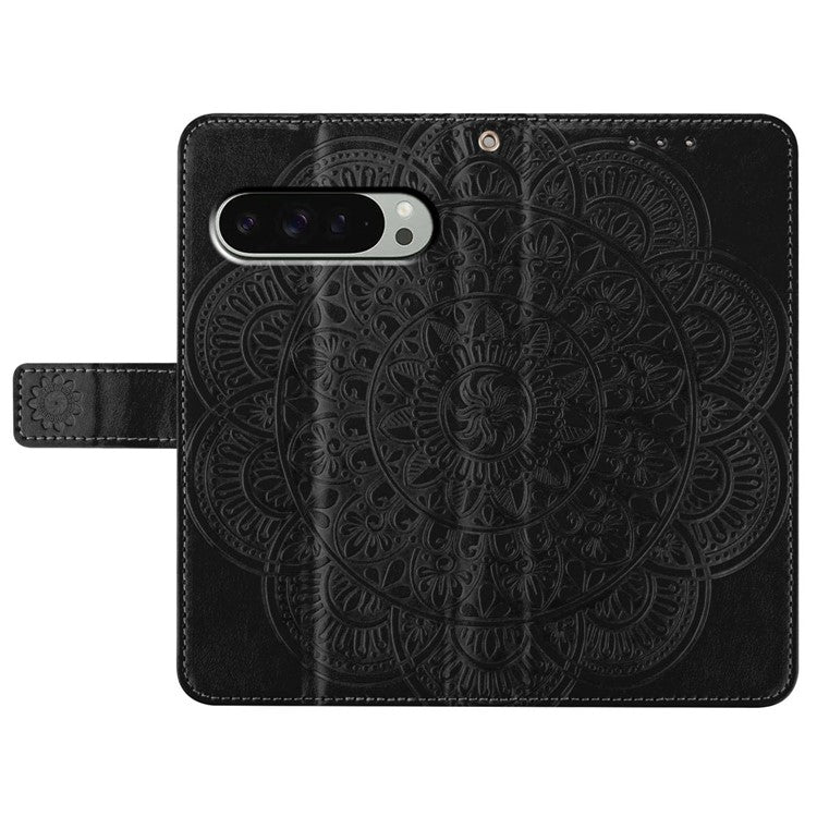 For Google Pixel 9 Pro XL Leather Case with Card Slots Mandala Pattern Phone Cover Stand - Black