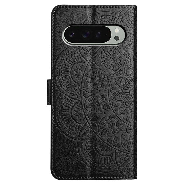 For Google Pixel 9 Pro XL Leather Case with Card Slots Mandala Pattern Phone Cover Stand - Black