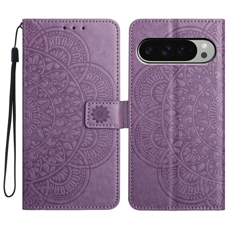 For Google Pixel 9 Pro XL Leather Case with Card Slots Mandala Pattern Phone Cover Stand - Purple