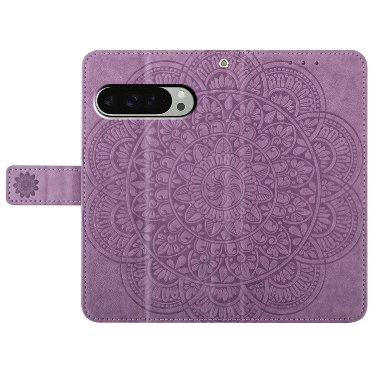 For Google Pixel 9 Pro XL Leather Case with Card Slots Mandala Pattern Phone Cover Stand - Purple