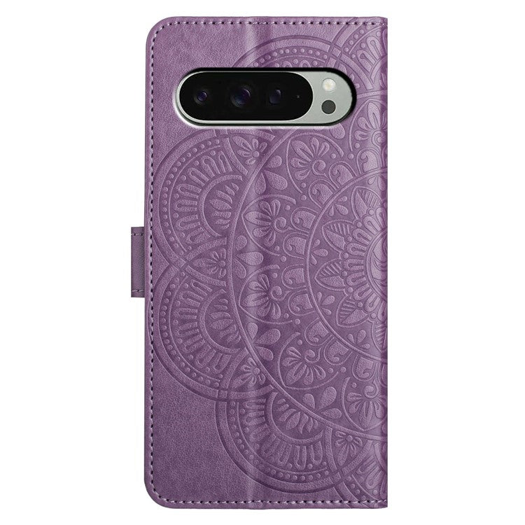 For Google Pixel 9 Pro XL Leather Case with Card Slots Mandala Pattern Phone Cover Stand - Purple