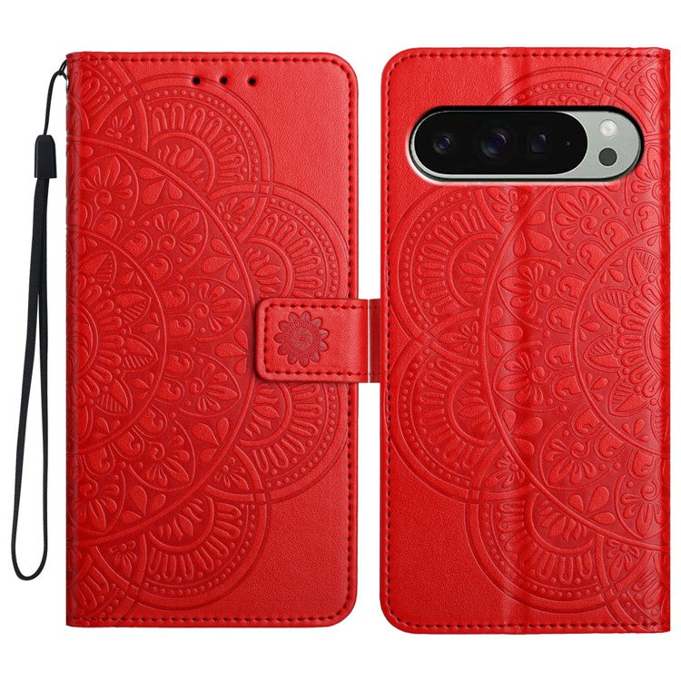 For Google Pixel 9 Pro XL Leather Case with Card Slots Mandala Pattern Phone Cover Stand - Red