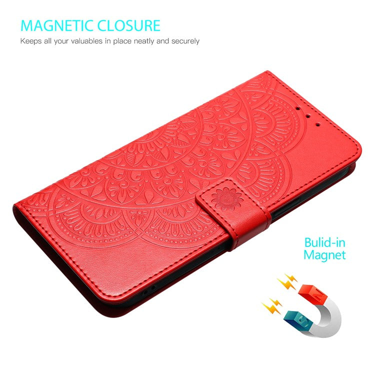 For Google Pixel 9 Pro XL Leather Case with Card Slots Mandala Pattern Phone Cover Stand - Red