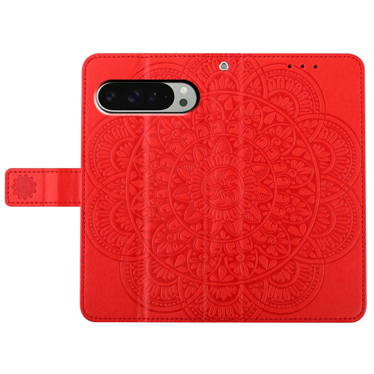 For Google Pixel 9 Pro XL Leather Case with Card Slots Mandala Pattern Phone Cover Stand - Red