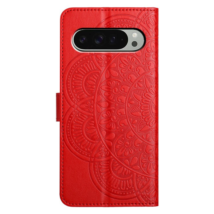 For Google Pixel 9 Pro XL Leather Case with Card Slots Mandala Pattern Phone Cover Stand - Red