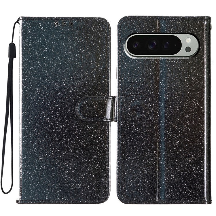 For Google Pixel 9 Pro XL Wallet Case Glitter Anti-Scratch Leather Phone Cover Stand - Black