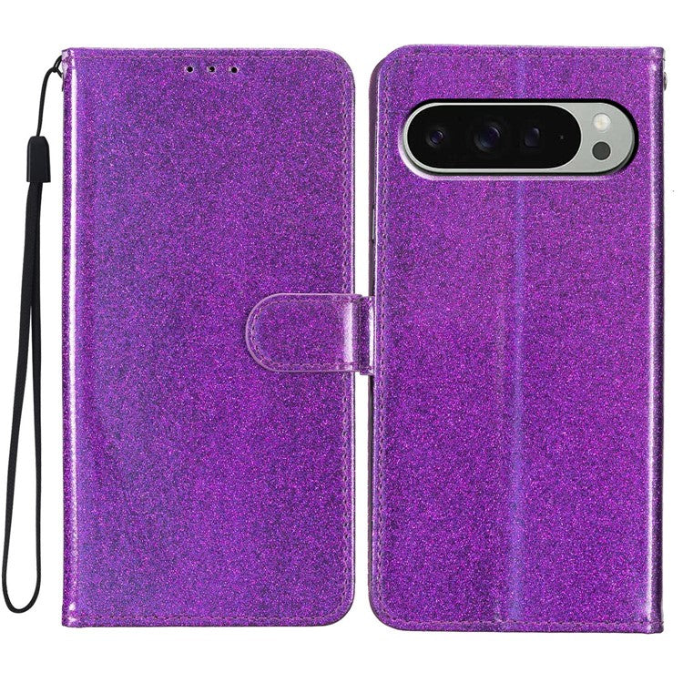 For Google Pixel 9 Pro XL Wallet Case Glitter Anti-Scratch Leather Phone Cover Stand - Purple