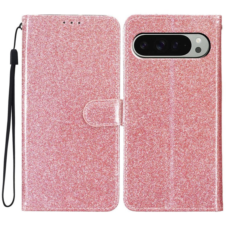 For Google Pixel 9 Pro XL Wallet Case Glitter Anti-Scratch Leather Phone Cover Stand - Rose Gold