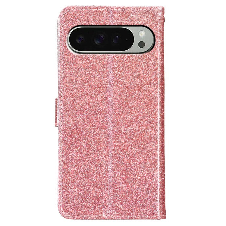 For Google Pixel 9 Pro XL Wallet Case Glitter Anti-Scratch Leather Phone Cover Stand - Rose Gold