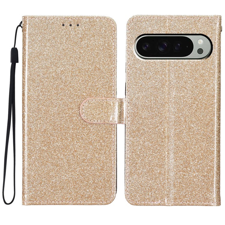 For Google Pixel 9 Pro XL Wallet Case Glitter Anti-Scratch Leather Phone Cover Stand - Gold