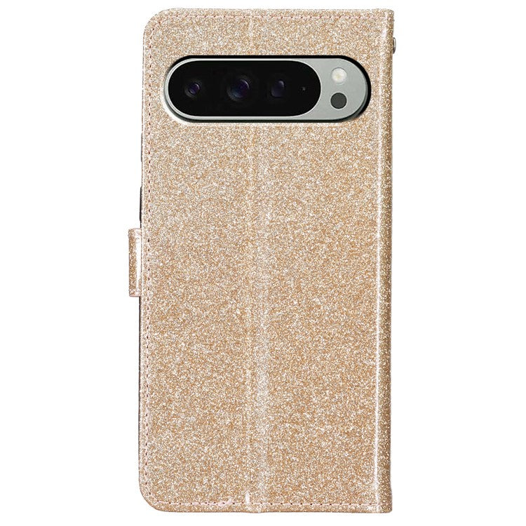 For Google Pixel 9 Pro XL Wallet Case Glitter Anti-Scratch Leather Phone Cover Stand - Gold