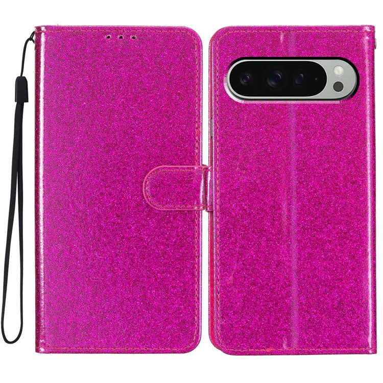 For Google Pixel 9 Pro XL Wallet Case Glitter Anti-Scratch Leather Phone Cover Stand - Rose