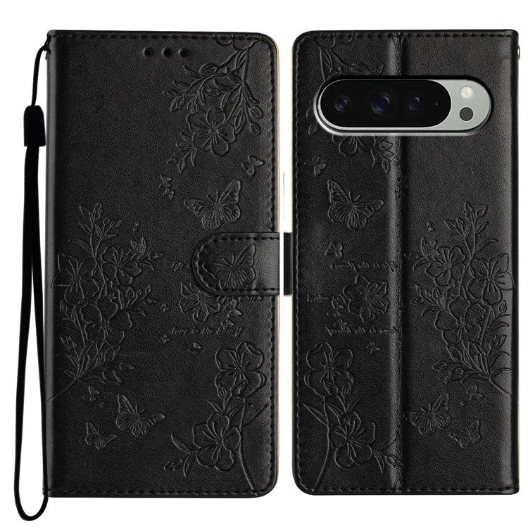 For Google Pixel 9 Pro XL Wallet Phone Case Butterfly Floral Imprint Leather Flip Cover - Black