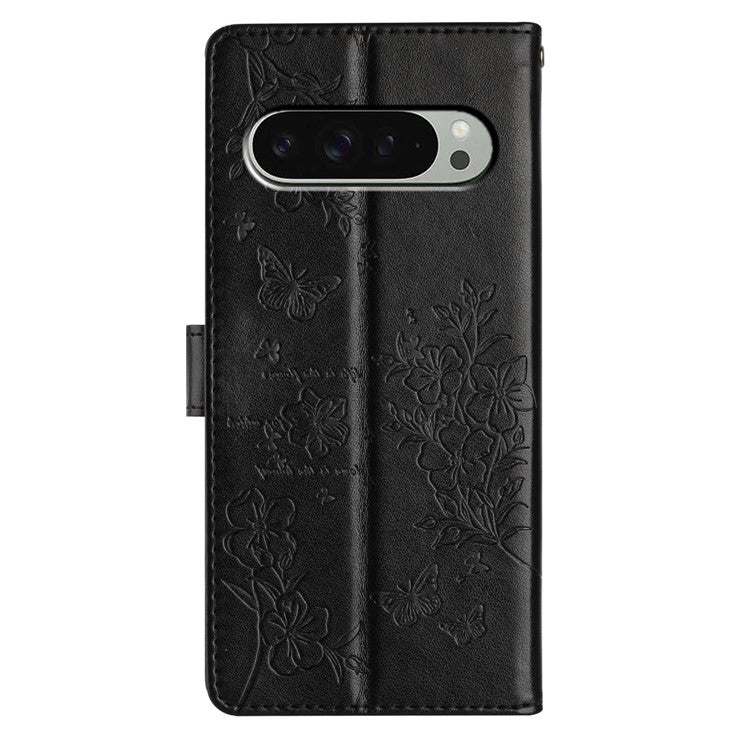 For Google Pixel 9 Pro XL Wallet Phone Case Butterfly Floral Imprint Leather Flip Cover - Black