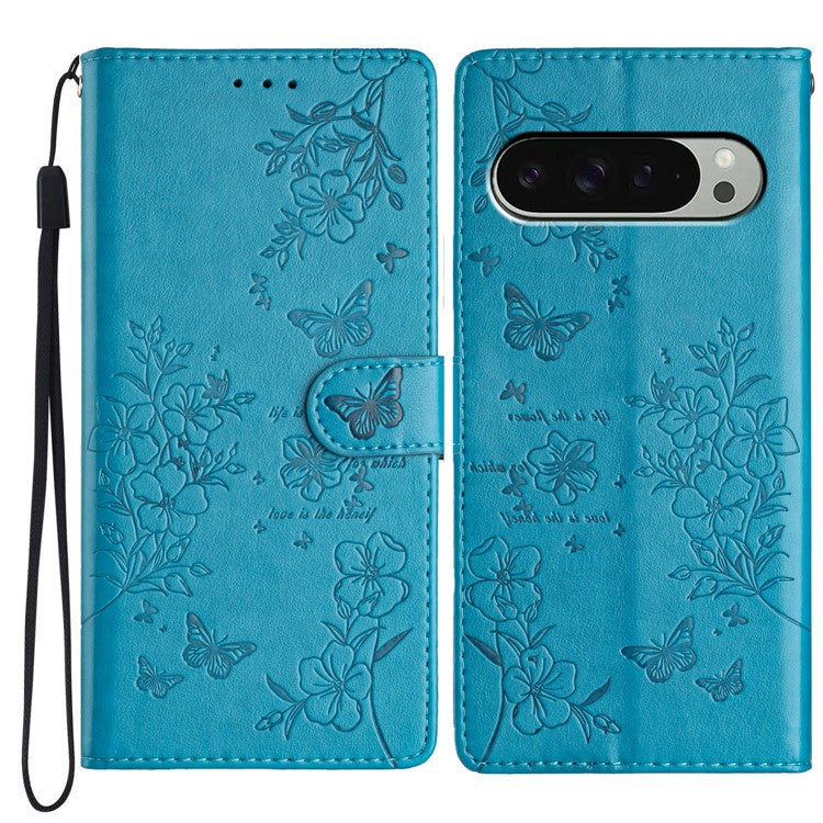 For Google Pixel 9 Pro XL Wallet Phone Case Butterfly Floral Imprint Leather Flip Cover - Blue