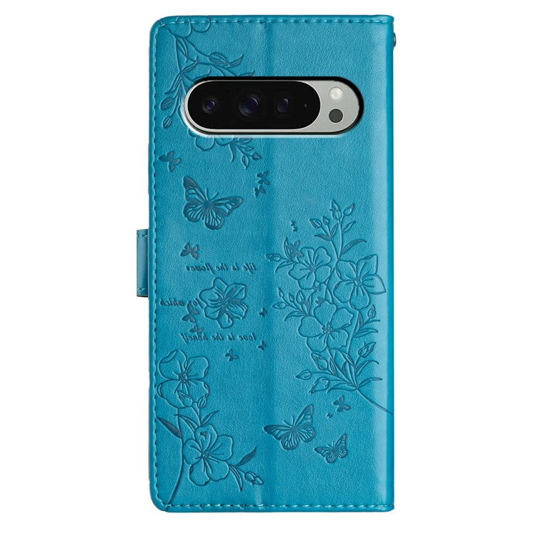 For Google Pixel 9 Pro XL Wallet Phone Case Butterfly Floral Imprint Leather Flip Cover - Blue