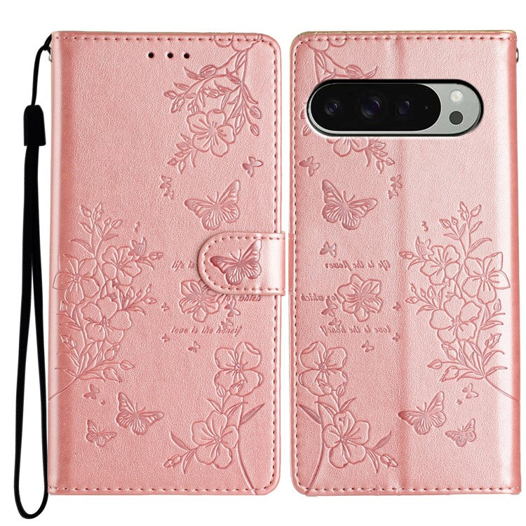 For Google Pixel 9 Pro XL Wallet Phone Case Butterfly Floral Imprint Leather Flip Cover - Rose Gold