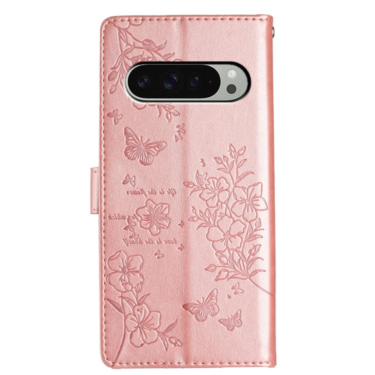 For Google Pixel 9 Pro XL Wallet Phone Case Butterfly Floral Imprint Leather Flip Cover - Rose Gold