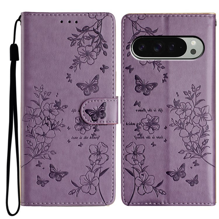 For Google Pixel 9 Pro XL Wallet Phone Case Butterfly Floral Imprint Leather Flip Cover - Purple