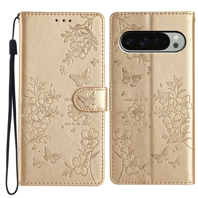 For Google Pixel 9 Pro XL Wallet Phone Case Butterfly Floral Imprint Leather Flip Cover - Gold