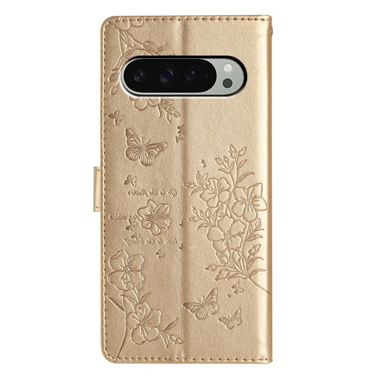 For Google Pixel 9 Pro XL Wallet Phone Case Butterfly Floral Imprint Leather Flip Cover - Gold