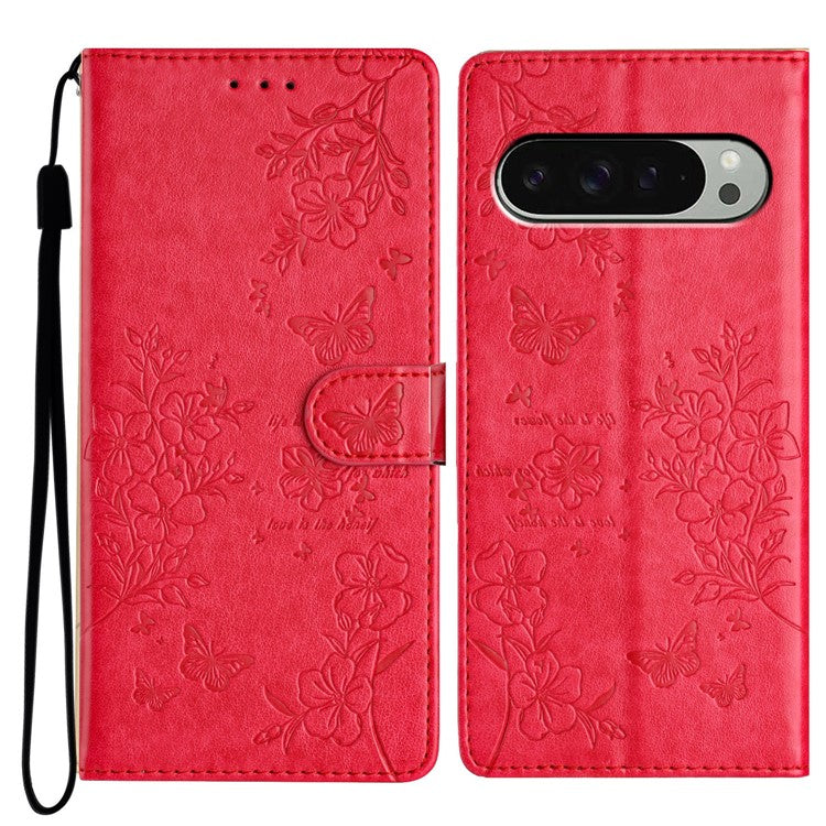 For Google Pixel 9 Pro XL Wallet Phone Case Butterfly Floral Imprint Leather Flip Cover - Red