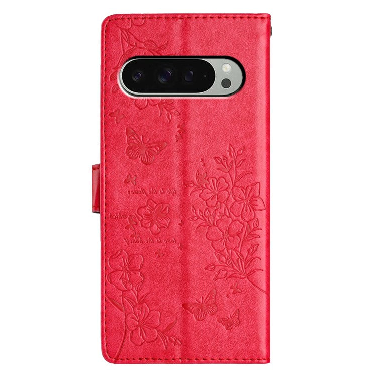 For Google Pixel 9 Pro XL Wallet Phone Case Butterfly Floral Imprint Leather Flip Cover - Red