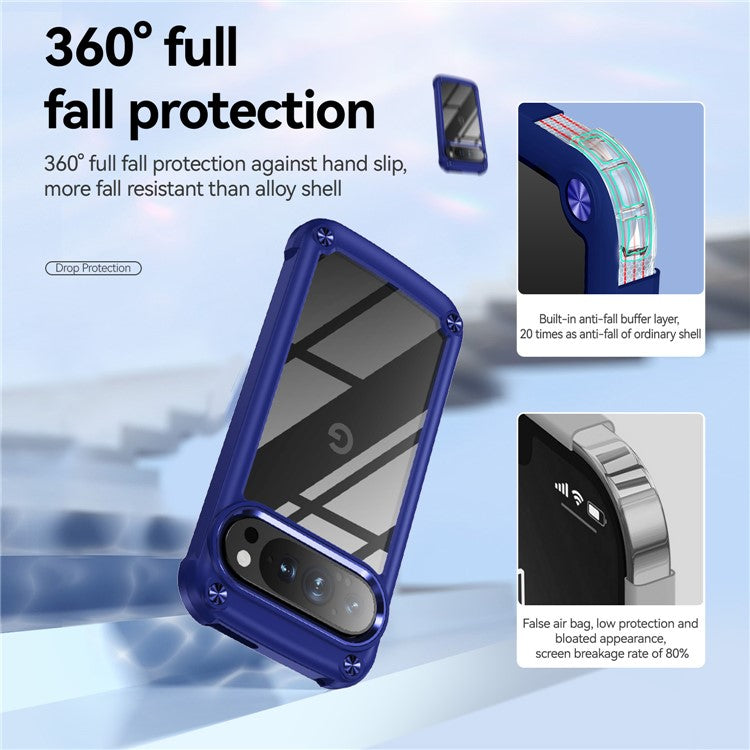 For Google Pixel 9 Pro XL Case Anti-Drop Alloy Lens Frame PC+TPU Phone Cover - Blue