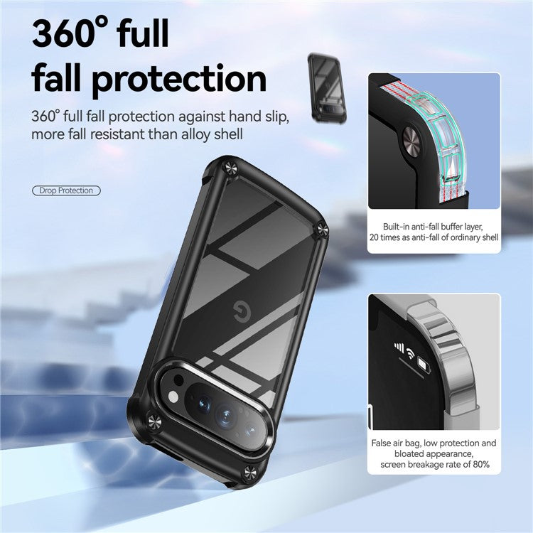 For Google Pixel 9 Pro XL Case Anti-Drop Alloy Lens Frame PC+TPU Phone Cover - Black