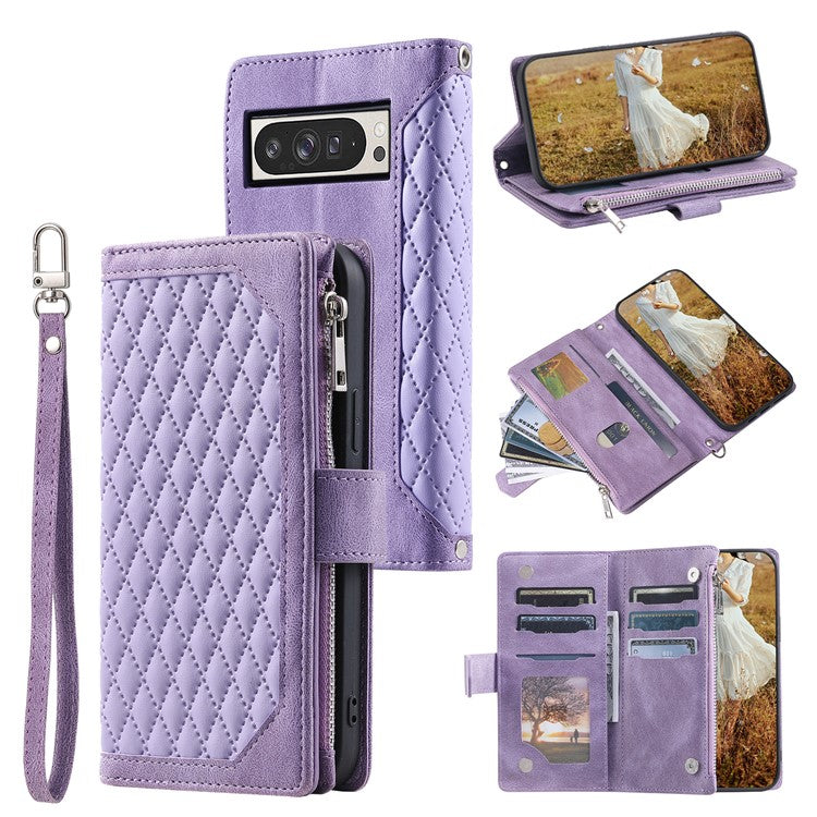 Style 005 For Google Pixel 9 Pro XL Wallet Case Rhombus PU Leather Zipper Phone Cover - Purple