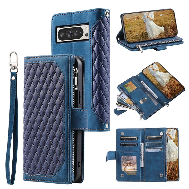 Style 005 For Google Pixel 9 Pro XL Wallet Case Rhombus PU Leather Zipper Phone Cover - Blue