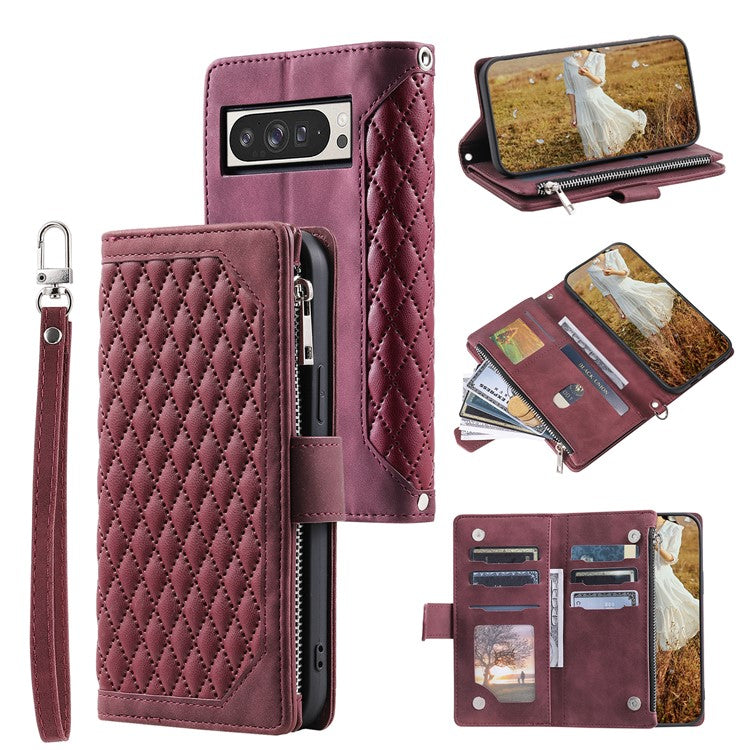 Style 005 For Google Pixel 9 Pro XL Wallet Case Rhombus PU Leather Zipper Phone Cover - Wine Red