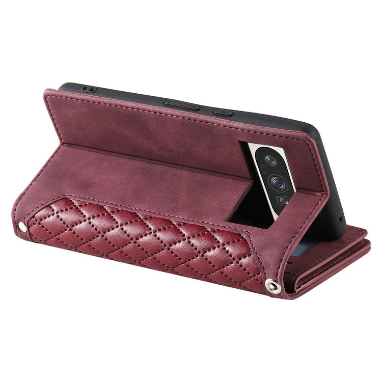 Style 005 For Google Pixel 9 Pro XL Wallet Case Rhombus PU Leather Zipper Phone Cover - Wine Red