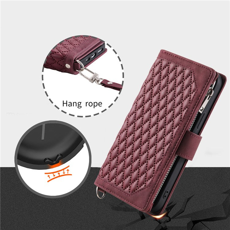 Style 005 For Google Pixel 9 Pro XL Wallet Case Rhombus PU Leather Zipper Phone Cover - Wine Red