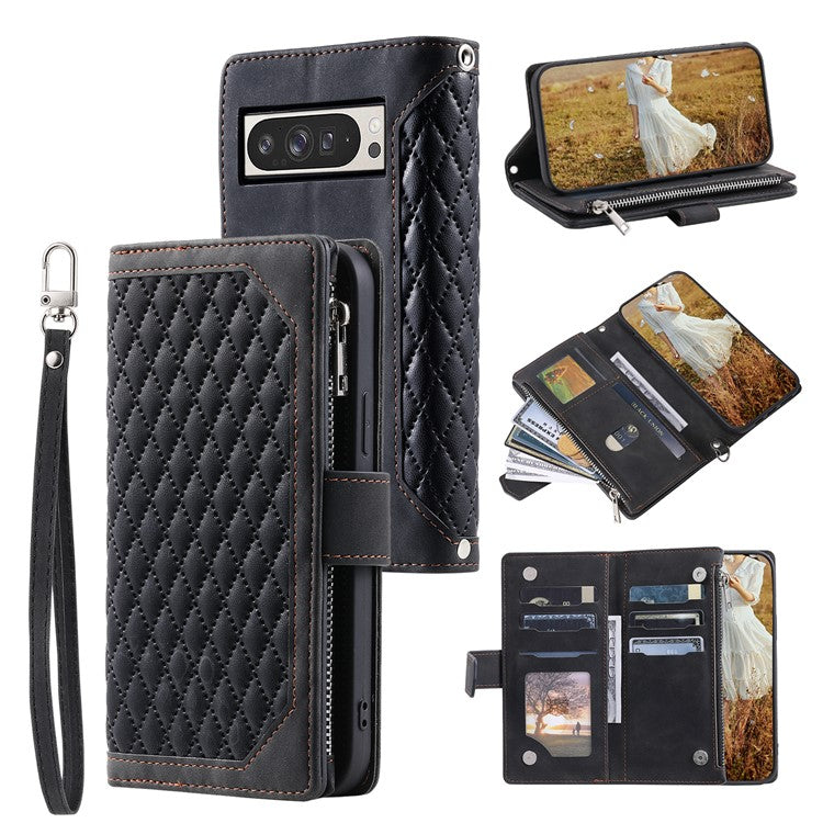 Style 005 For Google Pixel 9 Pro XL Wallet Case Rhombus PU Leather Zipper Phone Cover - Black