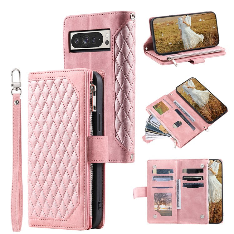 Style 005 For Google Pixel 9 Pro XL Wallet Case Rhombus PU Leather Zipper Phone Cover - Rose Gold