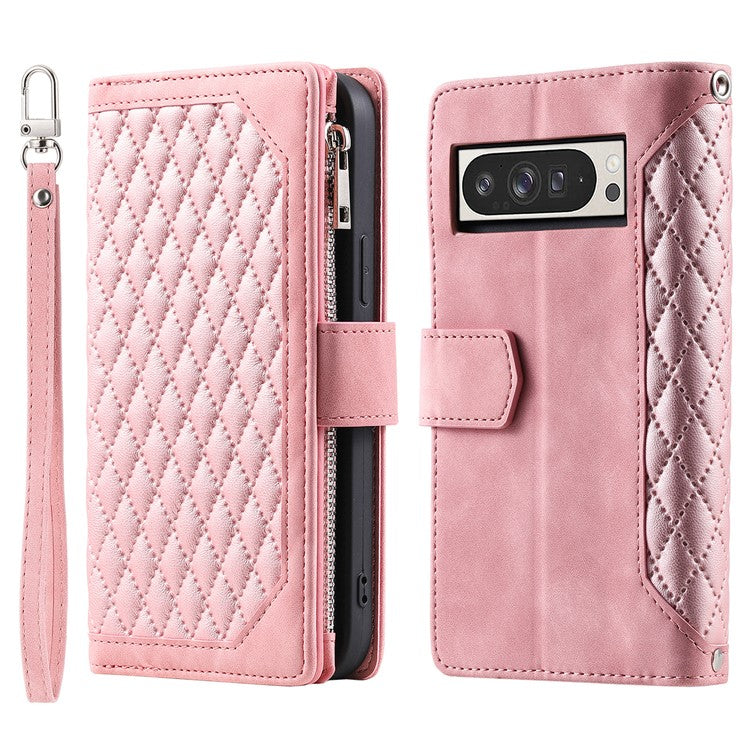 Style 005 For Google Pixel 9 Pro XL Wallet Case Rhombus PU Leather Zipper Phone Cover - Rose Gold