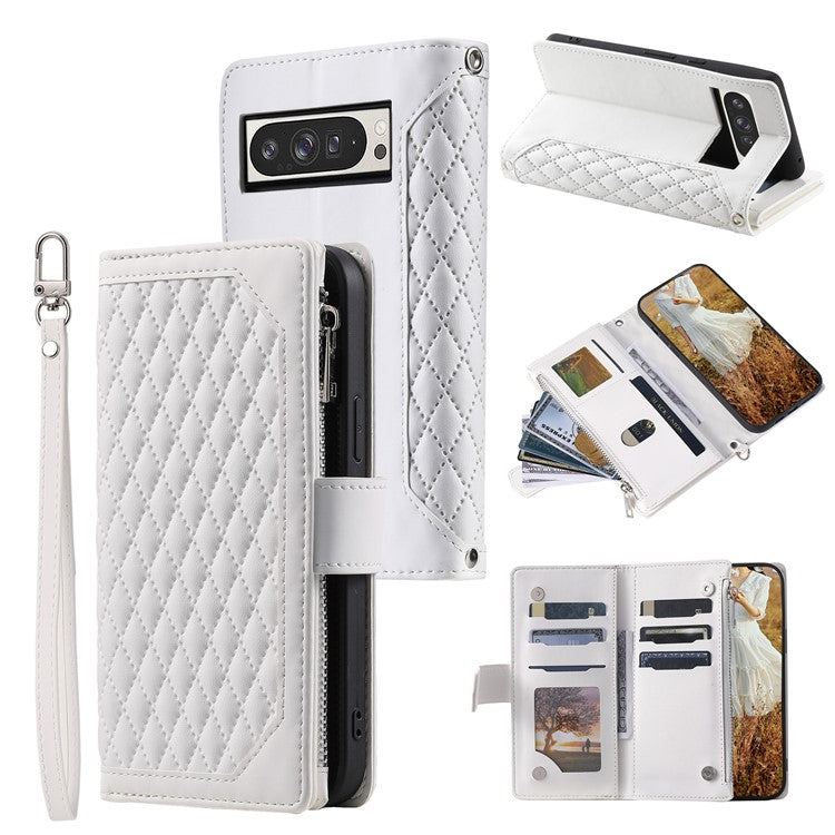 Style 005 For Google Pixel 9 Pro XL Wallet Case Rhombus PU Leather Zipper Phone Cover - White