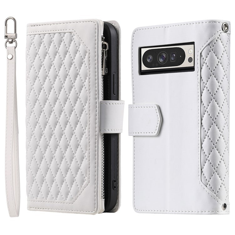 Style 005 For Google Pixel 9 Pro XL Wallet Case Rhombus PU Leather Zipper Phone Cover - White