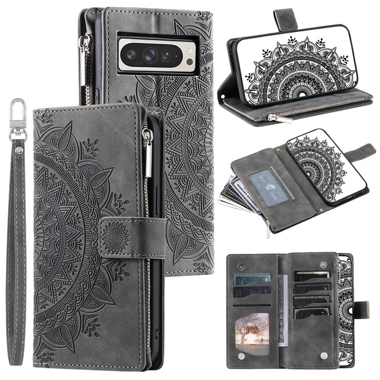 Style 006 For Google Pixel 9 Pro XL Wallet Case PU Leather Phone Cover Mandala Flower Pattern - Grey