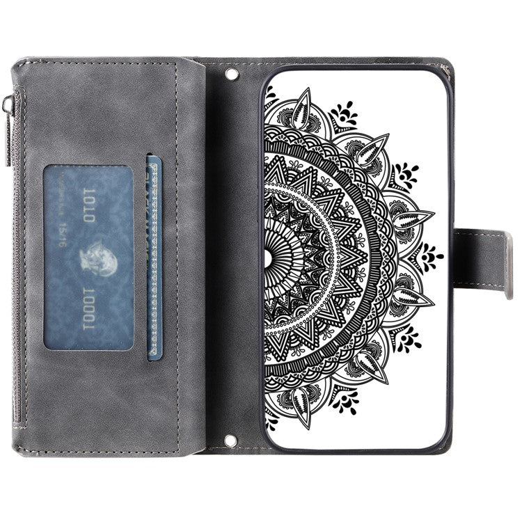 Style 006 For Google Pixel 9 Pro XL Wallet Case PU Leather Phone Cover Mandala Flower Pattern - Grey