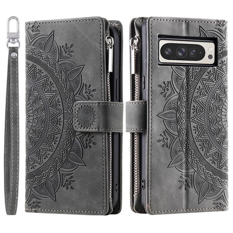 Style 006 For Google Pixel 9 Pro XL Wallet Case PU Leather Phone Cover Mandala Flower Pattern - Grey