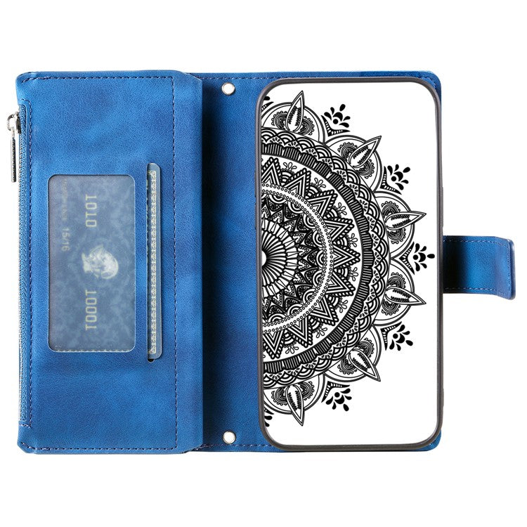 Style 006 For Google Pixel 9 Pro XL Wallet Case PU Leather Phone Cover Mandala Flower Pattern - Blue