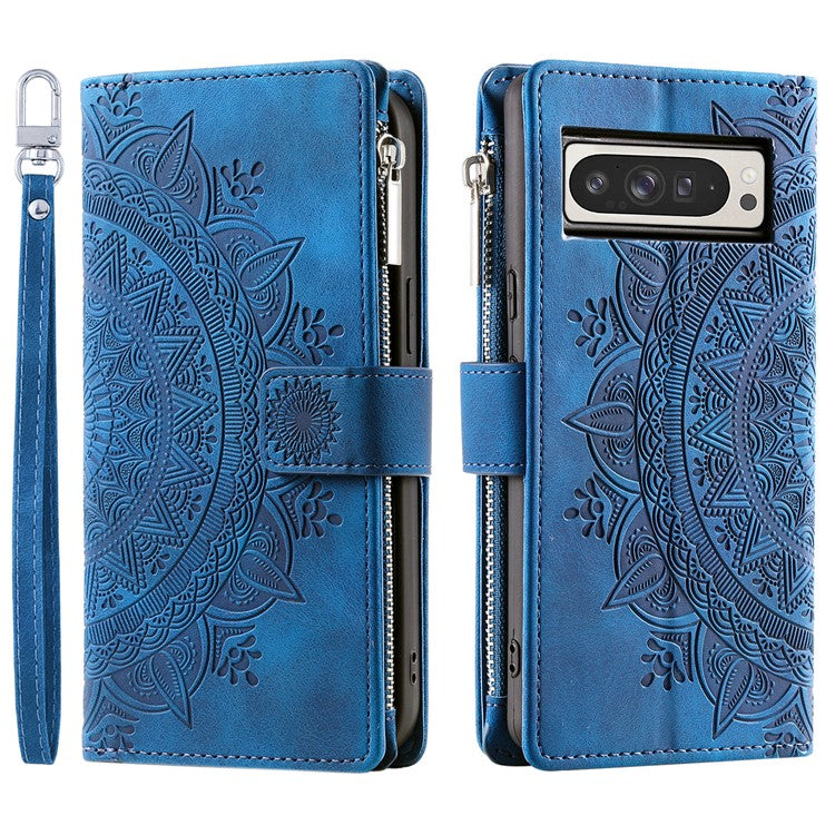 Style 006 For Google Pixel 9 Pro XL Wallet Case PU Leather Phone Cover Mandala Flower Pattern - Blue