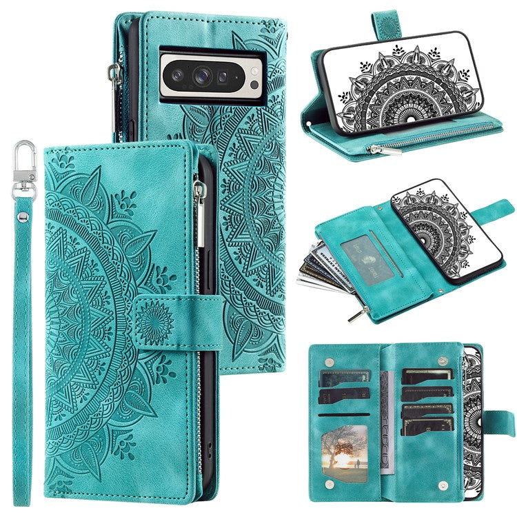 Style 006 For Google Pixel 9 Pro XL Wallet Case PU Leather Phone Cover Mandala Flower Pattern - Green