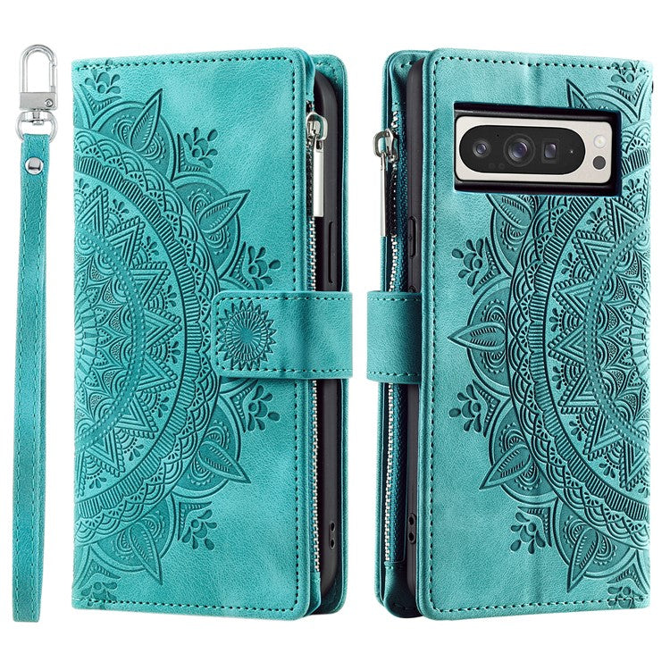 Style 006 For Google Pixel 9 Pro XL Wallet Case PU Leather Phone Cover Mandala Flower Pattern - Green