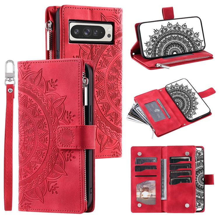 Style 006 For Google Pixel 9 Pro XL Wallet Case PU Leather Phone Cover Mandala Flower Pattern - Red